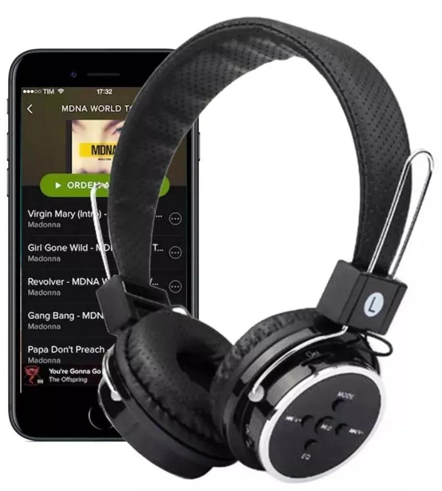 Fone De Ouvido Bluetooth Micro Sd Mp3 Rádio Fm Player - Preto