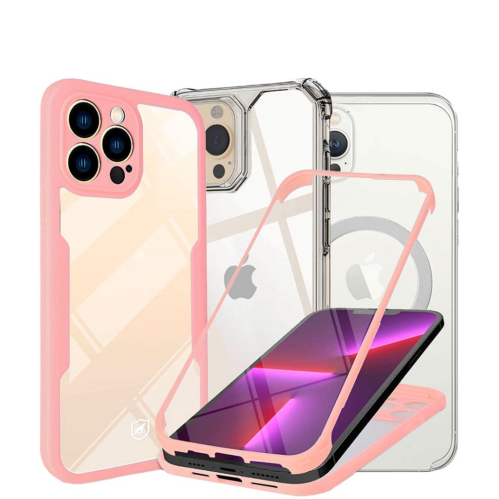 BLACK FRIDAY - Combo 3 em 1 - Capa 360 Rosa + Clear Proof + Magsafe Transparente para iPhone - Gshield