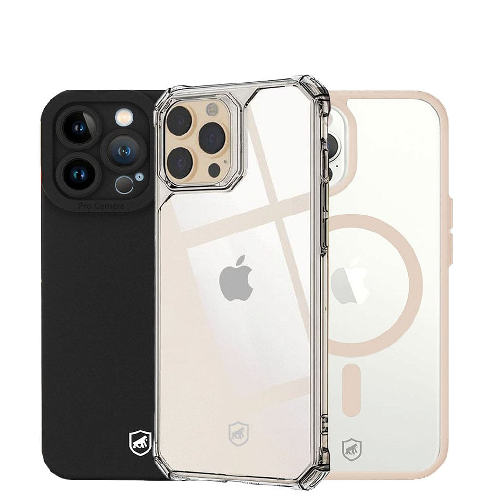 BLACK FRIDAY - Combo 3 em 1 - Capa Silicon Cloud Preta + Magsafe Rosa + Clear Proof para iPhone - Gshield