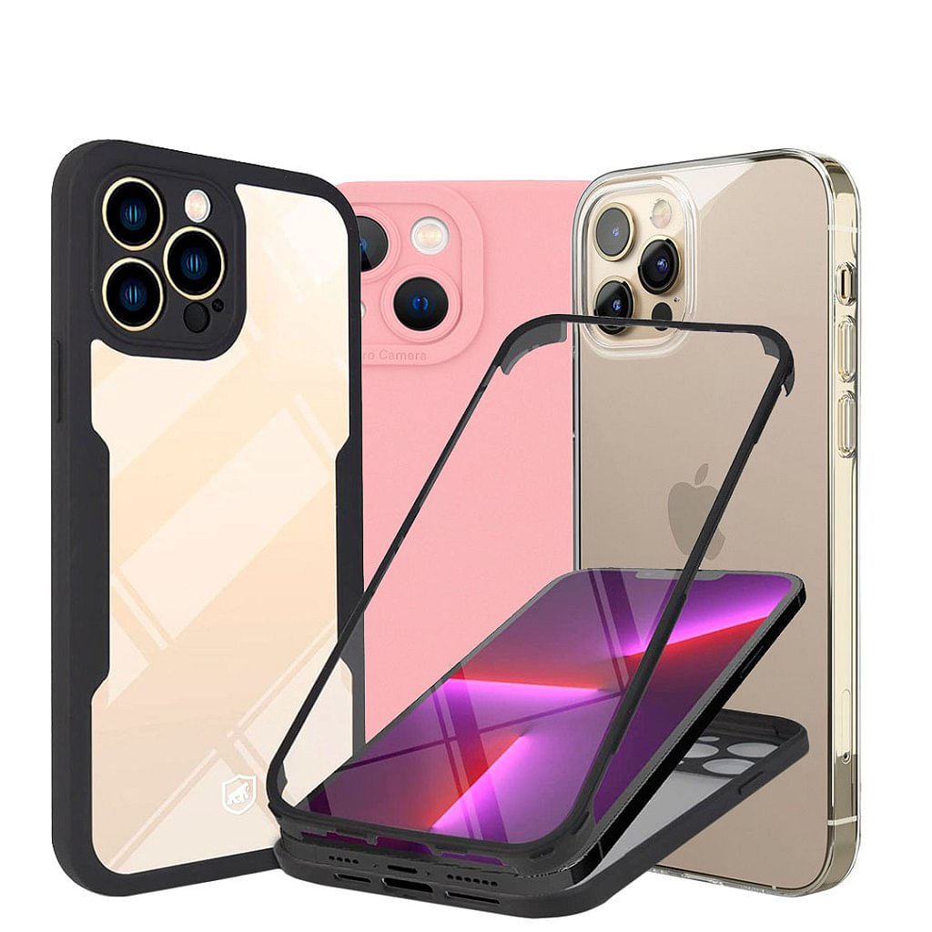 Combo 3 em 1 - Capa Silicon Cloud Rosa + Clear + 360 Preta para iPhone - Gshield