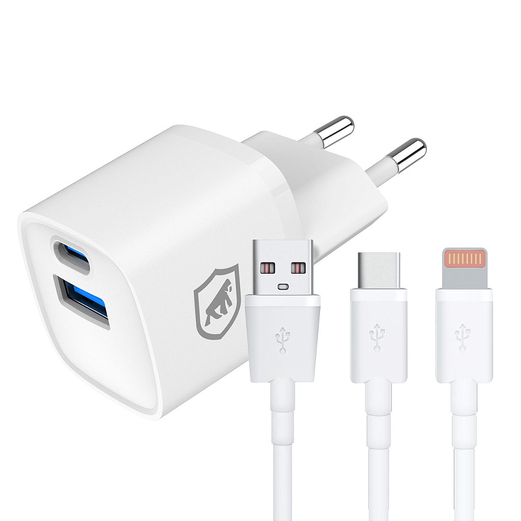 BLACK FRIDAY - Kit Carregador Turbo Gan Ultra Slim Tipo-C + USB-A 20W + Cabo Dinamic Lightning, Tipo C - Branco - Gshield
