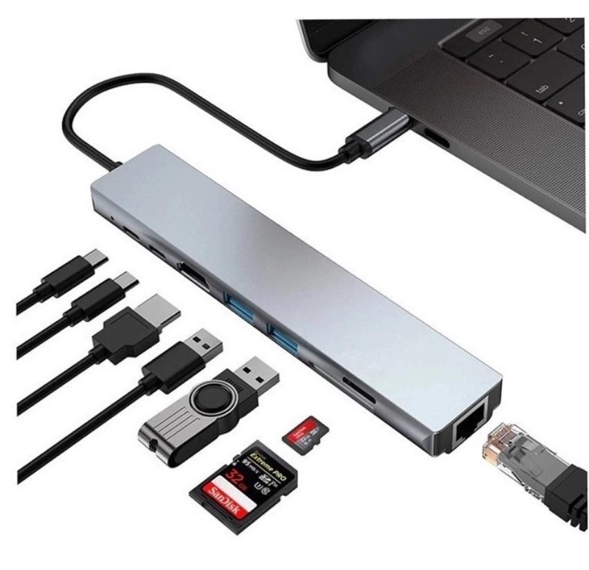 Hub Dock Station Usb Type-C  10Gbps 8X1 Hdmi 4k Lan Usb 3.0 Leitor SD
