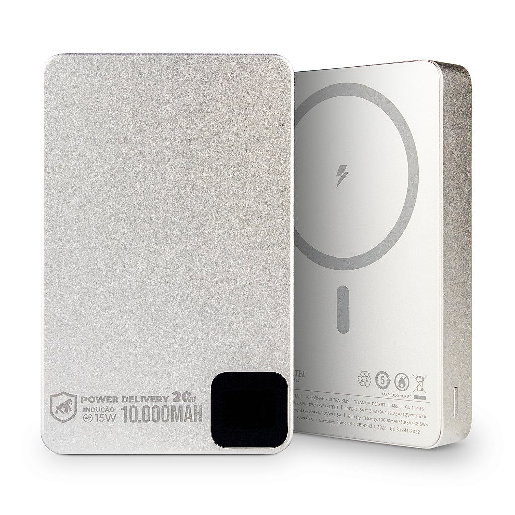 Carregador Portátil MagSafe - 10.000mAh - Wireless 15W, USB-C PD, Ultrafino e Magnético para iPhone e Android - Titanium - Gshield
